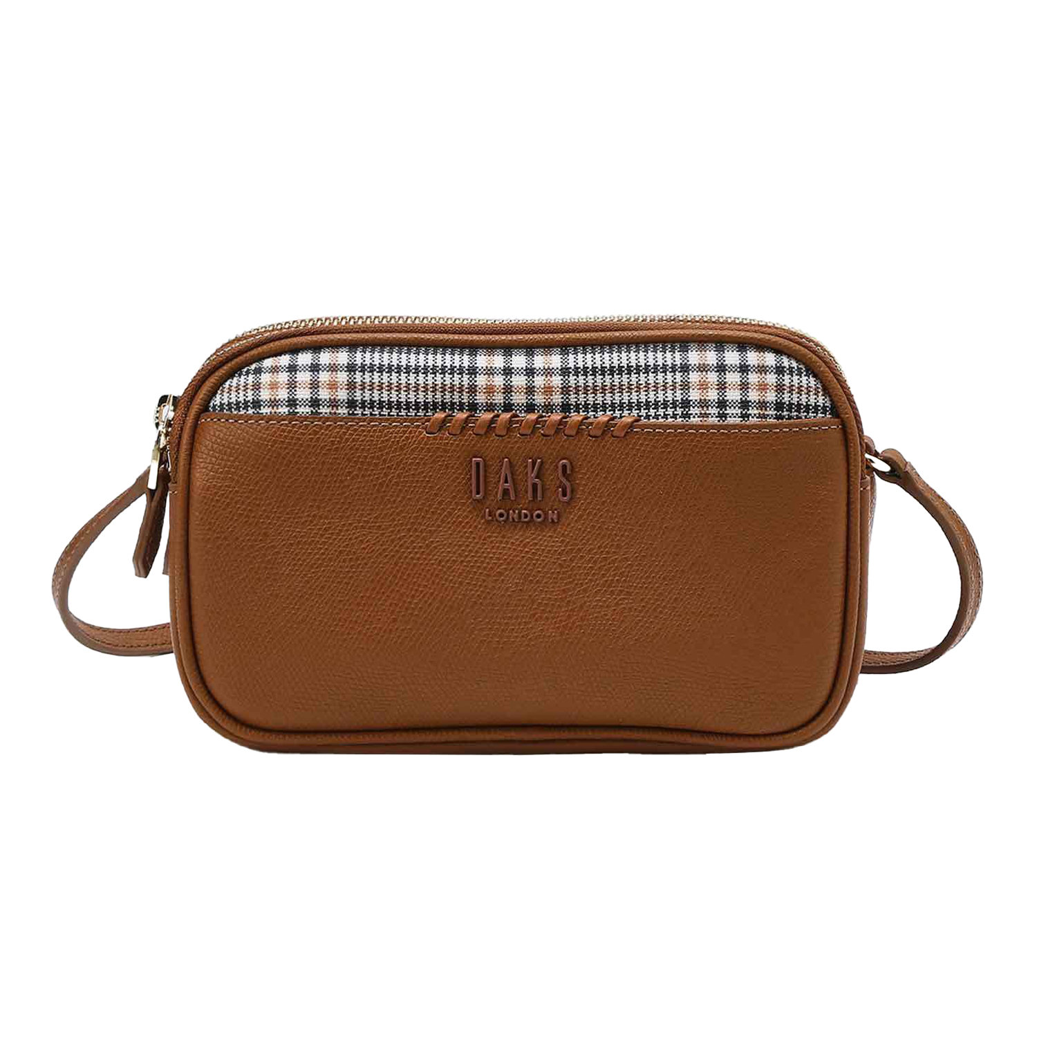 BROWN CHECK PATTERN LEATHER COMBINATION DOUBLE ZIPPER CROSSBODY BAG