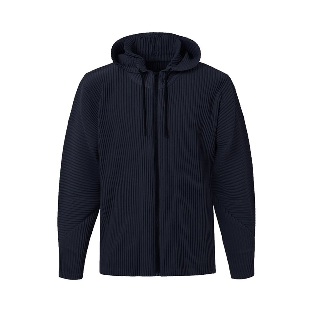 [UNISEX] TWO WAY PLEATED HOODED ZIP-UP OUTERWEAR [NAVY]
